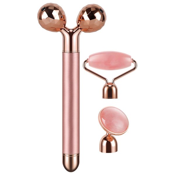 3-IN-1 Electric Jade Roller 3D Roller Facial Roller & Face Massager, Rose Quartz