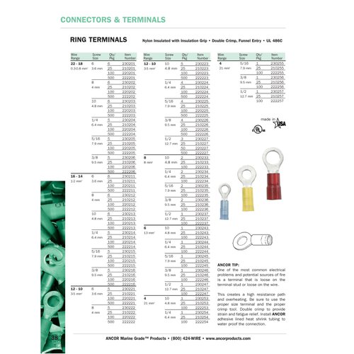 Ancor 210236 Marine Grade Electrical Nylon Insulated Double Crip Funnel Entry Ring Terminals with Insulation Grip (8-Gauge, Size 3/8 Screw, 25-Pack)