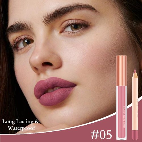 BINGBRUSH Colors Liquid Matte Lipstick and Lipliner Pack Set, Lip Tint Long Lasting 24 Hour Waterproof Velvet Nonstick Cup Lipgloss Lip Stain Pigmented Lip Makeup Gift Sets (1Pc 05#)
