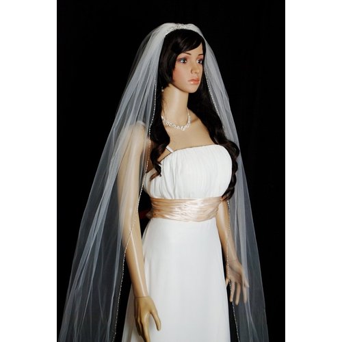 Bridal Veil White 1 Tier Cathedral Length With Clear Bead And Seed Bead on Edge