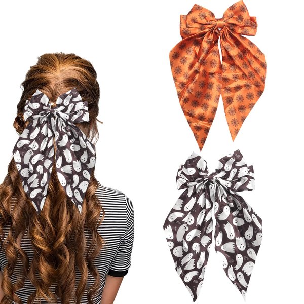 HIFANMM Halloween Bow Hair Clips for Women Girls, 2pcs Big Bows Ghost Spider Web Hair Accessories, Black Orange Long Tail Bowknot Hairpins Fall Nonslip Hair Bows Halloween Party Costume Decor