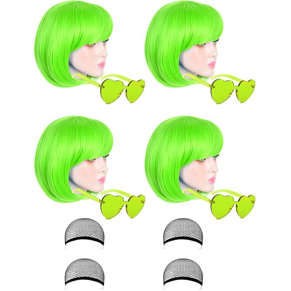 LOHO MAGICA 4 Pack Colored Wigs Neon Colorful Wigs Short Bob Hair Wigs Neon Fun Party Wigs Costume Wigs with Heart Sunglasses(Green)