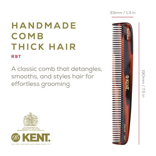 Kent R9T All Coarse Hair Detangling Comb Wide Teeth Dressing Table Comb for Thick Curly Wavy Hair. Hair Detangler Comb for Grooming Styling Hair, Beard and Mustache. Saw-Cut. Handmade in England