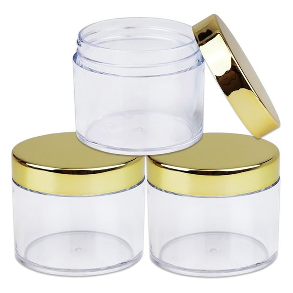 Beauticom 60 Grams/60 ML (2 Oz) Round Clear Leak Proof Plastic Container Jars with Gold Lids for Travel Storage Makeup Cosmetic Lotion Scrubs Creams Oils Salves Ointments (3 Jars)