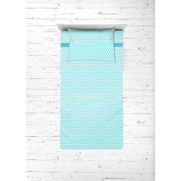 Bacati - 100% Cotton Muslin Tribal/Aztec 3 Piece Boys Toddler Bed Sheet Set Includes Fitted Sheet, Top Sheet, and Pillow Case (Aqua Small Triangles)