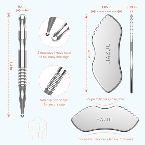 HAZUU Stainless Steel Gua Sha Tool & Acupuncture Pen- Deep Tissue Massage & Pain Relief Therapy with Trigger Point Massage - Full Body Self-Massage Acupressure Bar for Relaxation (JGS-3)