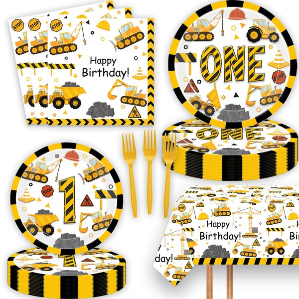 51 Pcs Construction 1st Birthday Party Supplies Dump Truck One Years Old Tablecloth Paper Plates Napkins Forks Dinnerware for Construction Baby Shower Birthday Party Supplies Decorations