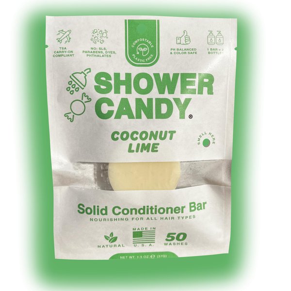 Shower Candy Coconut Lime Solid Hair Conditioner Bar | Natural Conditioner with Plastic-Free Packaging | Zero Waste Compostable Pouch - SLS free Conditioner| Travel Size Conditioner Bars