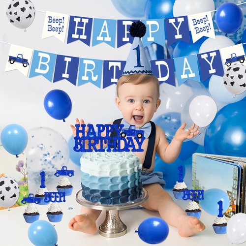 55Pcs Little Blue Truck Farm Theme 1st Birthday Party Decoration with Beep Beep Happy Birthday Banner Blue Truck Beep One Cake Topper for Kids Boys Girls First Birthday Party Supplies
