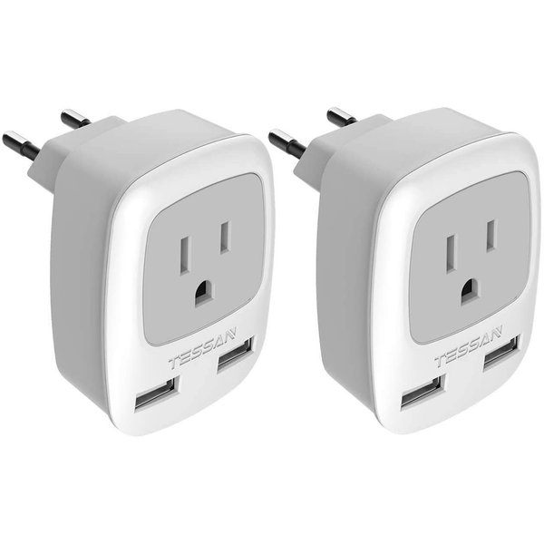 European Travel Plug Adapter 2 Pack, TESSAN International Power Outlet Adaptor with 2 USB, Type C Charger from USA to Most of Europe EU Spain Iceland Germany France Italy Israel