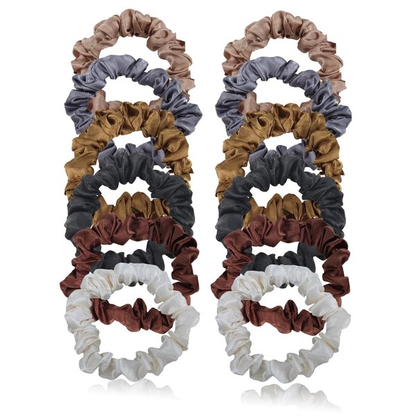 12 Pcs Small Satin Scrunchies Soft Silk Hair Scrunchies Scrunchy Hair Ties for Women Thin Fine Hair Stocking Stuffers for Women(Brown)
