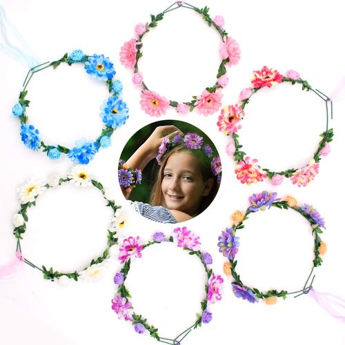 SNAIL GARDEN 6Pcs Adjustable Floral Headbands, Flower Crown Headband Rose Flower Leave Crown Wreath with Ribbon Flower Crown Base Flower Headband for Girls Women Teens Birthday Party