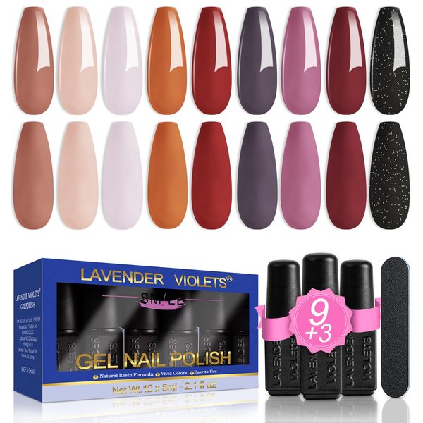 Lavender Violets 13 Pcs Gel Nail Polish Kit with 9 Colors Coat, 3 Bottles of Base Top Matt Top Coat and Nail File for Soak-off UV LED Gel Nail Art Design C600B