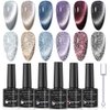 SUPWEE Reflective Glitter Cat Eye Gel Polish Sparkle Shiny Nail Polish Gel 6 Colors Magnetic Gel Nail Polish with Magnecti Stick Varnish Soak Off UV Gel