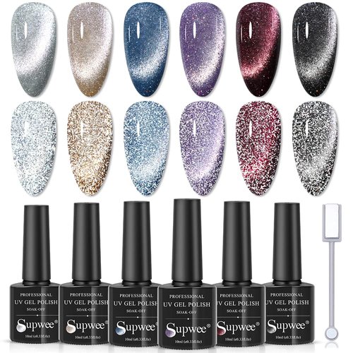 SUPWEE Reflective Glitter Cat Eye Gel Polish Sparkle Shiny Nail Polish Gel 6 Colors Magnetic Gel Nail Polish with Magnecti Stick Varnish Soak Off UV Gel
