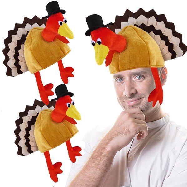 3 Pack Thanksgiving Plush Turkey Gobbler Hat for Happy Thanksgiving Party Costume, Outfit, Dress and Decorations, Holiday Gift