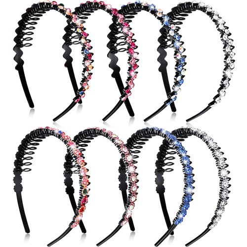 8 Pieces Rhinestone Teeth Comb Headbands Flower Crystal Headband Wave Rhinestone Headband Plastic Tooth Comb Headband Non-Slip Rhinestone Hair Band Hair Accessories for Women Girl, 2 Styles