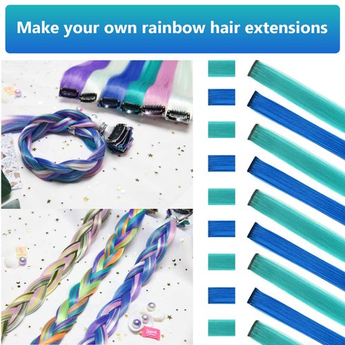 LADYAMZ Colored Hair Extensions 10 PCS, Teal and Blue Clip in Hair Extensions Party Highlights, Colorful Synthetic Hairpieces for Christmas Girls Women Kids Gifts Blue Teal Hair Accessories(22 In)