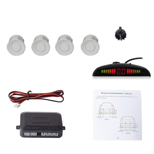 EKYLIN Car Auto Vehicle Reverse Backup Sensors System with 4 Parking Sensors Distance Detection + LED Distance Display + Sound Warning (White Color)