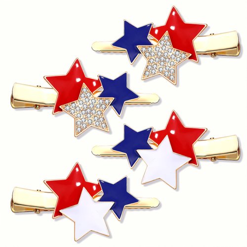 HZEYN 4PCS American Flag Hair Clips Enamel Rhinestone Stars Hair Clips for Women Sparky Red White Blue Patriotic Hairpins 4th of July Independence Day Hair Accessories Stars