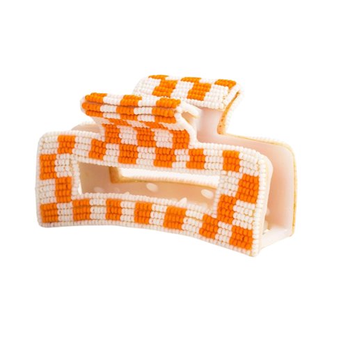 INK+ALLOY Beaded Hair Claw Clips, Game Day Claw Clips in School Colors, Handmade Hair Clips for College Students, Sports Fans, Teachers, Alumni, Team Gifts, 3.5-Inches (Orange & White Checkered)