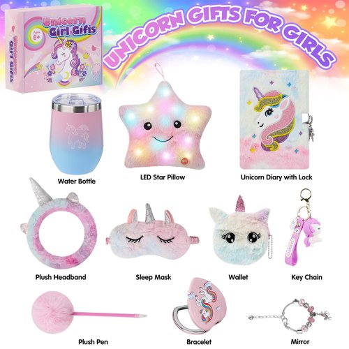 Sabdrau Unicorn Gifts for Girls 4 5 6 7 8 9 10+ Years Old, Kids Unicorns Toys with Light Up Plush Star Pillow/Diary/Headband/Eye Mask/Water Bottle, Soft Plush Toys Set for Birthday Gift Christmas