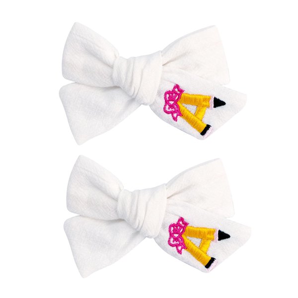 Back to School Hair Clips for Women White Bows Claw Clips Embroidered Pencil Design Hair Accessories for Women Cute Bow Hair Clip Small Hair Clips for Styling Non-Slip Hair Decorations 2Pcs