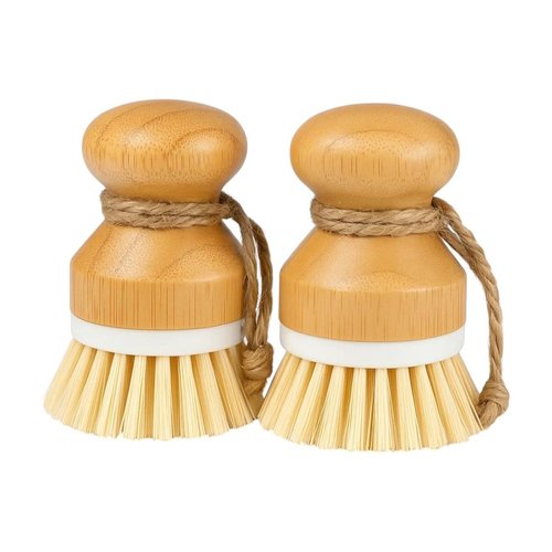Set of 2 Eco-Friendly Non-Scratch Bamboo Kitchen Cleaning Brushes | Compact Wooden PP Dish Scrubbers with Ergonomic Handles and Hanging Ropes (3.9 x 1.3 inches, 0.21 lbs Each)