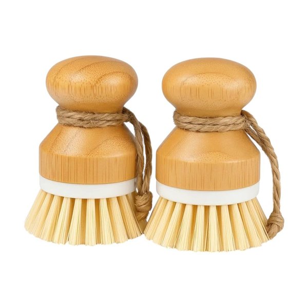 Set of 2 Eco-Friendly Non-Scratch Bamboo Kitchen Cleaning Brushes | Compact Wooden PP Dish Scrubbers with Ergonomic Handles and Hanging Ropes (3.9 x 1.3 inches, 0.21 lbs Each)