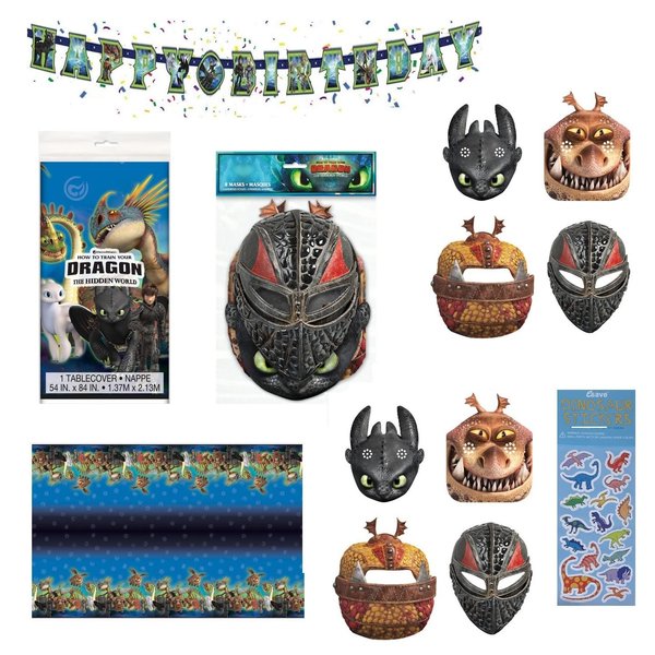 How to Train Your Dragon Birthday Party Decoration Set includes 1 Happy Birthday Banner, 1 Table Cover, 8 Paper Masks, 1 Dinosaur Sticker Sheet