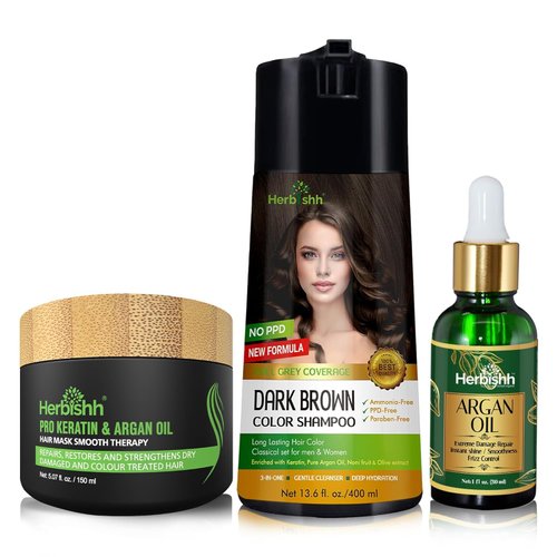 Herbishh Hair Color Shampoo for Gray Hair – PPD-Free Hair Dye Shampoo and Conditioner + Argan Oil 30mL Hydrating Hair Oil + Pro Keratin Argan Oil Hair Mask for Dry, Damaged Hair 150mL (Dark Brown)