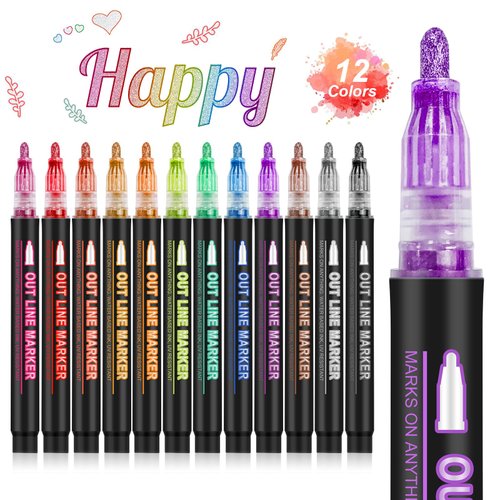 Banral Double Line Outline Markers, 12 Colors Super Squiggles Shimmer Outline Marker Set, Self Outline Metallic Glitter Doodle Drawing Markers Pens for Christmas Greeting Card Making, DIY Art Crafts