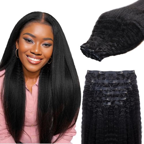 IDN BEAUTY Seamless Clip In Hair Extensions Human Hair, Kinky Straight 16 Inch 110g 7pcs Natural Black Remy Virgin Human Hair Seamless Clip Ins For Black Women PU Weft Invisible Edge
