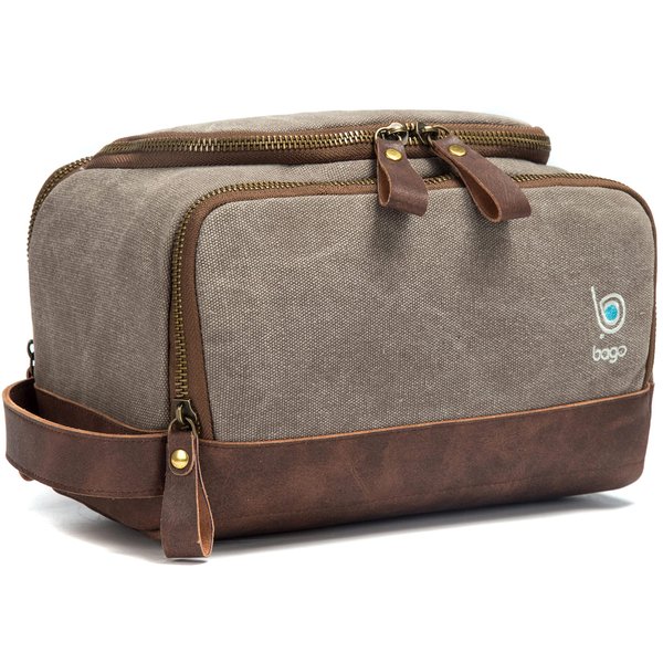 Bago Canvas Leather Dopp Kit for Men - hanging toiletry bag for men - Hanging Hook | Inner Organization | Fits Travel Size Toiletries for Men and Women | mens Dopp Kit (Canvas Leather)