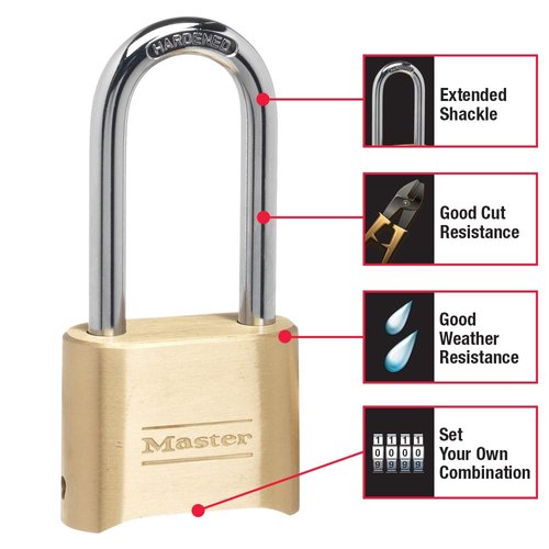 Master Lock Brass Combination Lock, Gate Lock for Outdoor Fence or Shed, Customizable Combination Padlock with Extended 2-1/4-Inch-Long Shackle, 175DLH