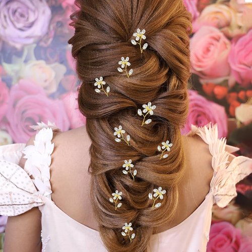 CASOLVX 10PCS Handmade Crystal Hairpin Pearl U-shaped Hairpin Bride Pearl Flower Tiara Bridesmaid Gift Bridal Tiara Accessories for Women and Teen Girls (Gold)