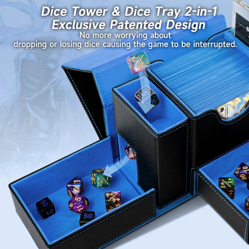MTG Deck Box, Dice Tray&Tower 2 in 1 MTG Commander Deck Box Fits 120+ Single Sleeved Cards, Leather Magnetic Closure Card Deck Box with Magnetic Card Holders&Base for TCG, CCG, Black/Blue