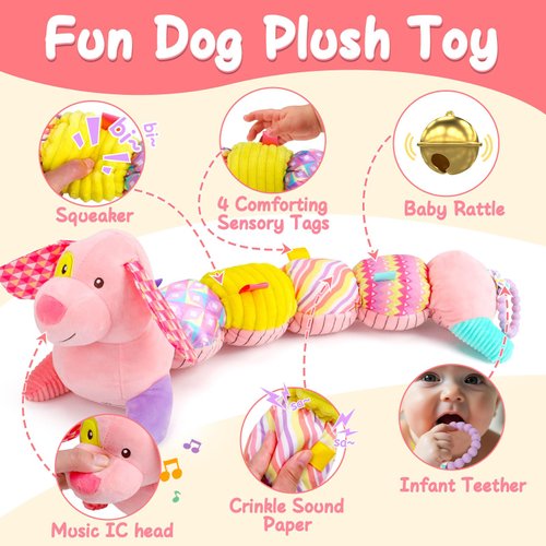 Baby Sensory Toys 0-6 Months Music Stuffed Animal Plush Dog Toy for Infant 0-3-6 Month Tummy Time Texture Soft Toys with Crinkle Rattle for 6-12 Month Newborn Birthday Gift for 2 3 4 5 Month Old Girls