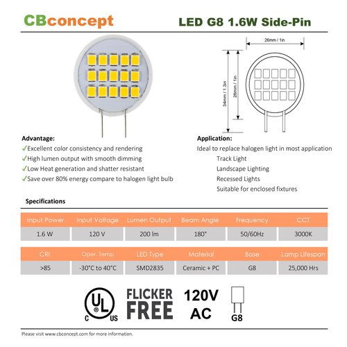 CBconcept UL Listed SidePin G8 LED Light Bulb, 10 Pack, 1.6 Watt, 200 Lumen, NOT Dimmable, Warm White 3000K, 180 DegreeBeam Angle, Ceramic Sunflower, 20W Equivalent,Under Cabinet,Counter Puck Kitchen