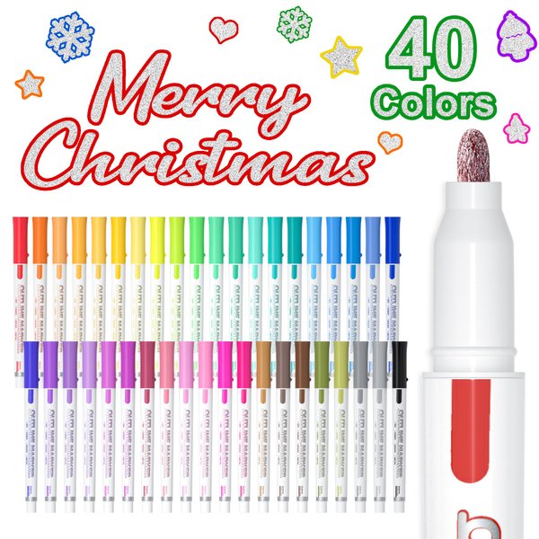Shuttle Art Double Line Outline Permanent Markers, 40 Colors Squiggles Shimmer Markers Set, Self Outline Metallic Marker Pens for Art, Drawing, Doodling, Card Making, Christmas Card, DIY Crafts