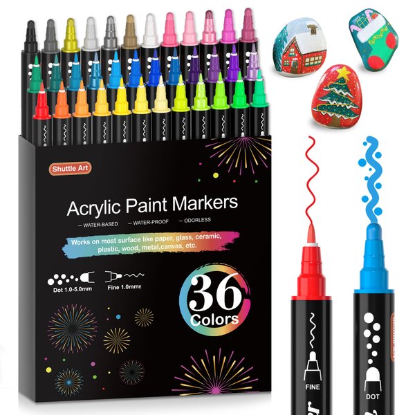 Shuttle Art 36 Colors Dual Tip Acrylic Paint Markers, Dot Tip and Fine Tip Acrylic Paint Pens for Rock Painting, Ceramic, Wood, Canvas, Plastic, Glass, Stone, Calligraphy, Card Making, DIY Crafts