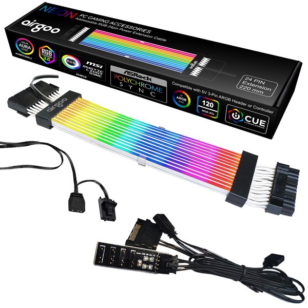 Airgoo Addressable RGB Power Extension Cable V2, Flexible Diffused RGB 24 Pin ATX Extension Cable, for ASUS, GIGABYTE, MSI, ASRock Motherboard 5V 3pin ARGB Header, Black