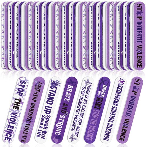Gisafai 48 Pcs Domestic Violence Awareness Nail File Purple Ribbon Emery Board Domestic Violence Gift Bulk Mini Double Sided Manicure Tools for Natural Acrylic Nails Charity Public Social Event