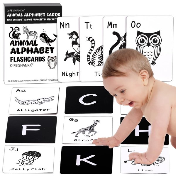 Black and White Animal Alphabet High Contrast Cards for Baby, Educational Alphabet Flash Cards for Infants 0-6 Months, Durable Baby Bath Flashcards for Visual Stimulation and Early Education