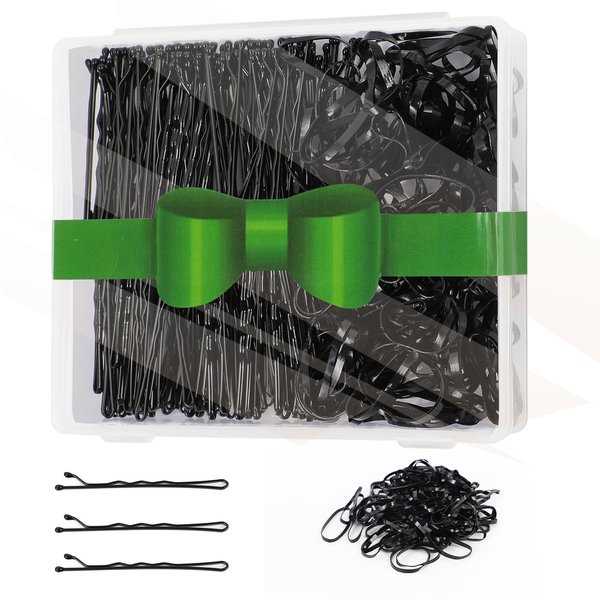 400Pcs Premium Bobby Pins Black & Small Rubber Bands for Hair Kit, 200Pcs Curved Hair Pins Secure Hold Hair in Place, 200Pcs Ouchless Hair Elastics for Women Kids Girls Ponytail, Bulked in Clear Case