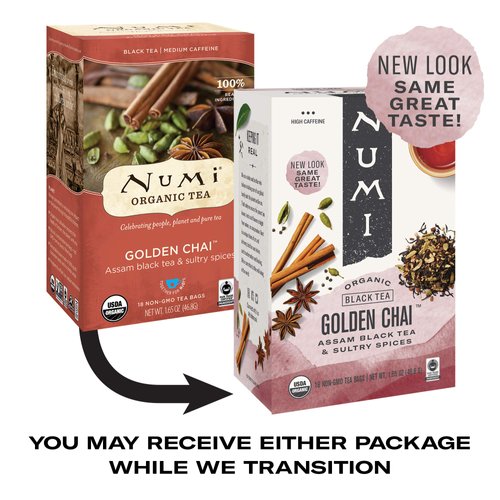 Numi Organic Tea Golden Chai, 18 Count Box of Tea Bags (Pack of 6) Black Tea