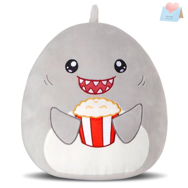 Glow Guards 12'' Shark Plush Pillow Cute Shark Stuffed Animal Soft Shark Plush Toy Stuffed Animals Shark Birthday Gift for Boys Girls Kids,Grey Shark Holding Popcorn