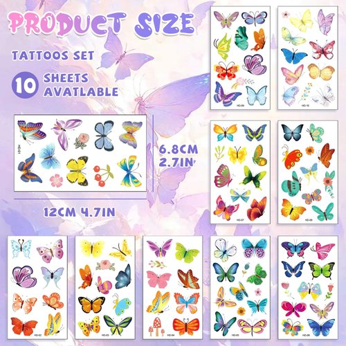 10 Sheets Butterfly Temporary Tattoos,Waterproof Butterfly Cartoon Stickers,Fake Tattoo Stickers for Women and Girls Party Favors Supplies,Holographic Stickers for Kids Birthday Party Supplies