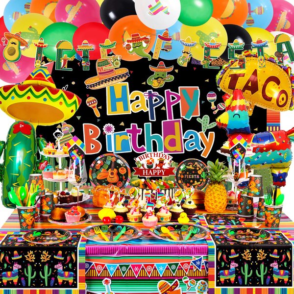 KUGUY 177 pcs Mexican Birthday Party Decorations, Fiesta Birthday Party Supplies for Boys Girls Adult, Cinco De Mayo Party Decoration, Balloon Arch Garland Kit, Tablecloth Backdrop Foil Balloon Decor
