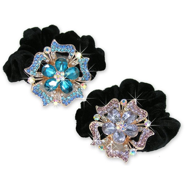 Jeweled Flower Black Elastic Hair Tie Scrunchie - Set of 2 - White Gold Color Metal with Decorative Blue and Pink Rhinestone Crystals